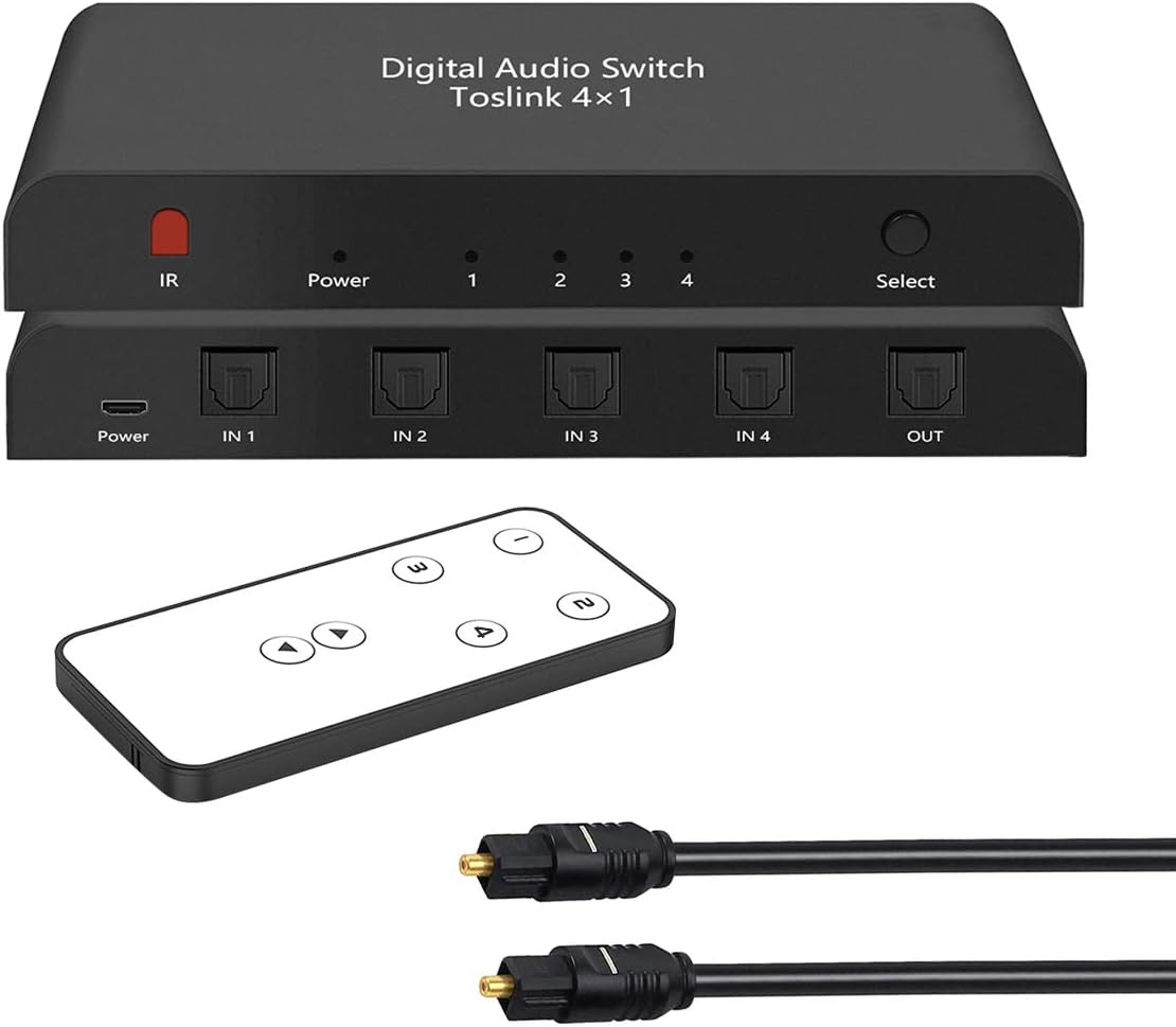Y.D.F Digital SPDIF/Toslink 4x1 Switch with 3ft Optical Cable and IR Remote Control Aluminum Alloy Digital Audio SPDIF Toslink Optical Fiber Switcher 4 in 1 Out for PS5 PS4 PS3 Xbox Blue-Ray DVD HDTV