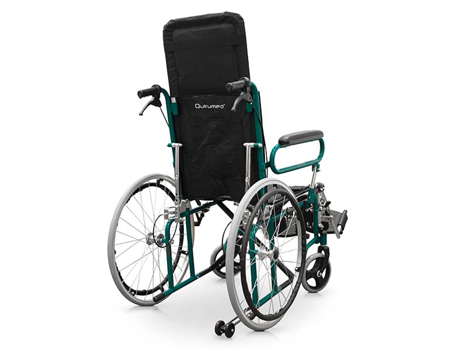 QUIRUMED Silla de ruedas reclinable con reposacabezas, Asiento 46 cm, Ligera, Plegable, Reposabrazos abatibles, Ruedines antivuelco, Frenos de mano y en manetas, Para mayores, Para minusválidos