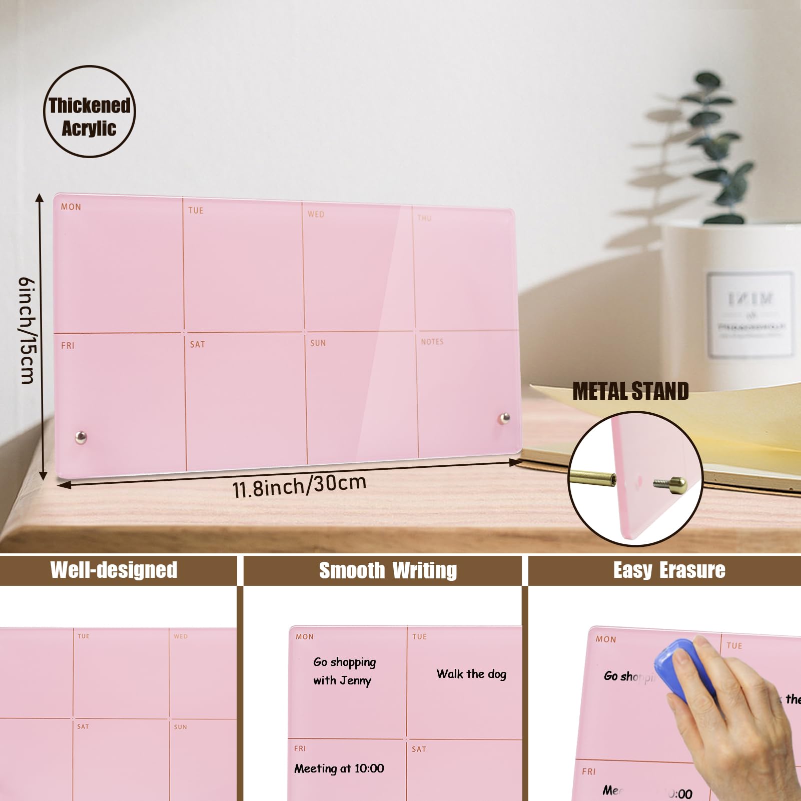 Planificador semanal acrílico de escritorio con soporte, 12 x 6 pulgadas, pequeño, planificador semanal de borrado en seco para escritorio, calendario de escritorio acrílico de borrado en