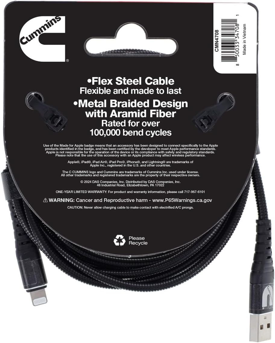 Cummins Lightning® to USB Cable MFi-Certified Compatible with Most Apple® Devices Plus Wrap Attachment 8ft CMN4708