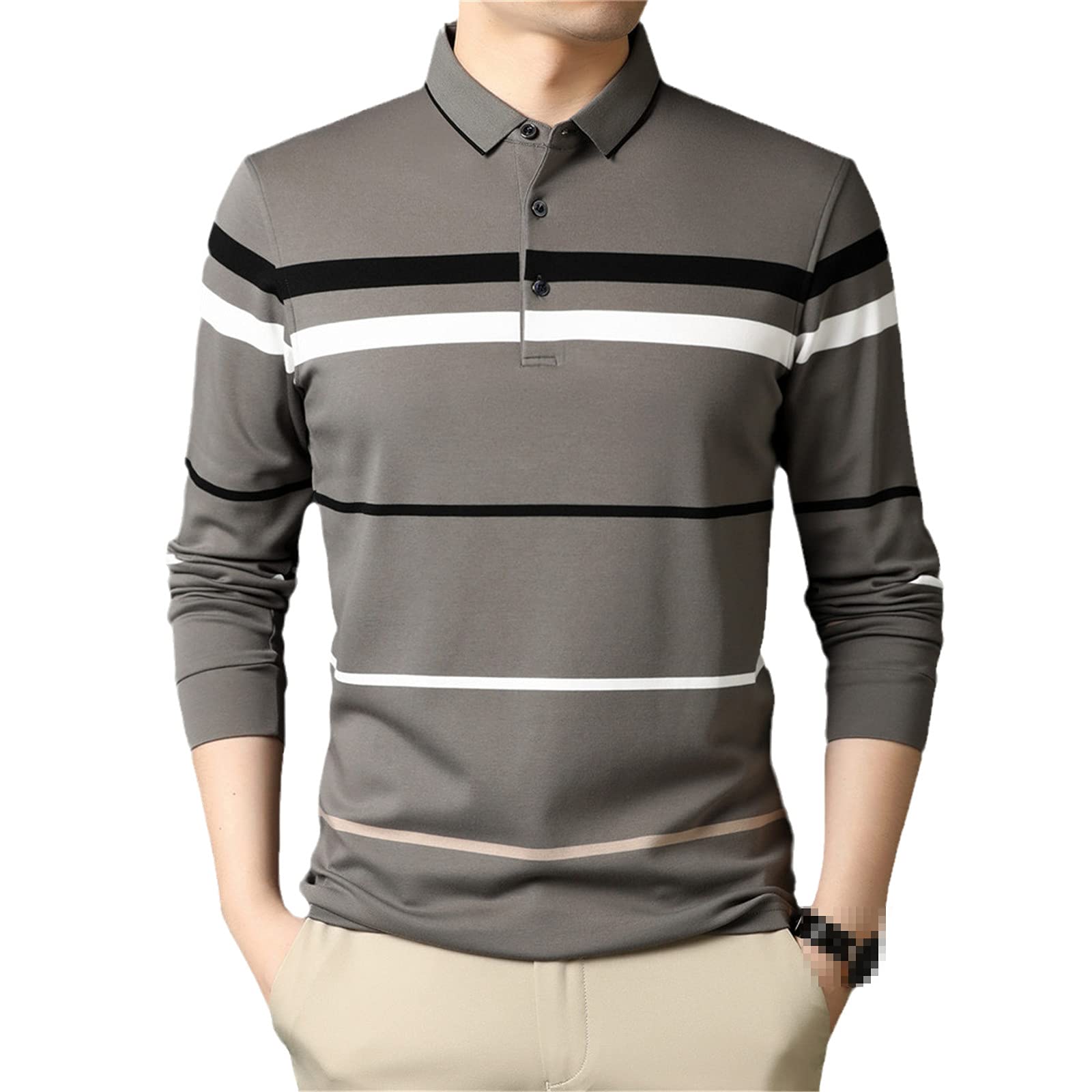 Herbst Business Casual Mode Streifen Langarm Weiche Baumwolle Knopf Poloshirt Herren Kleidung, grau, S