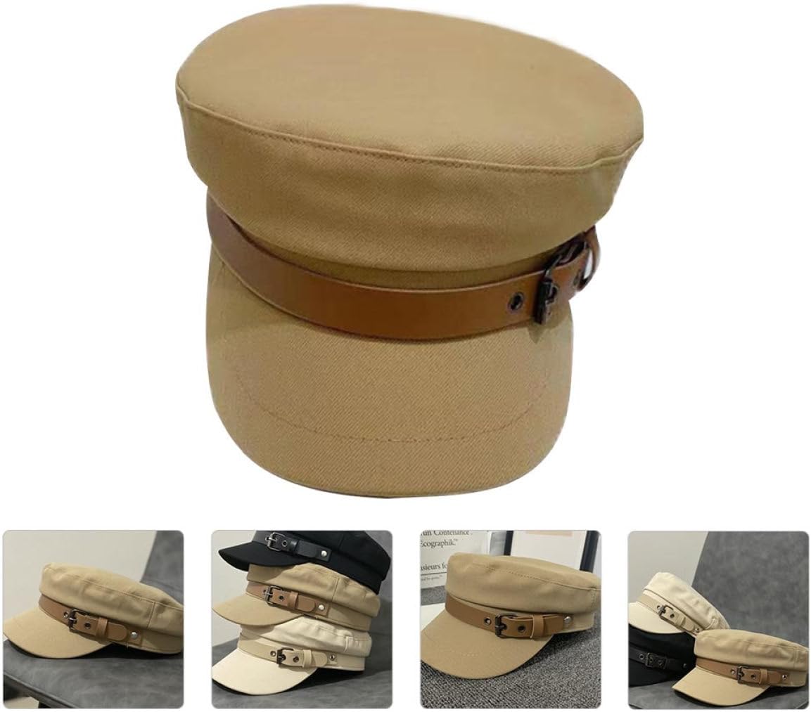 DOITOOL Peaked Cap Leather Buckle Beret Adjustable Size M (56-58cm) Women’s Casual All-Match Hat for Outdoor Streetwear, Khaki Random Color