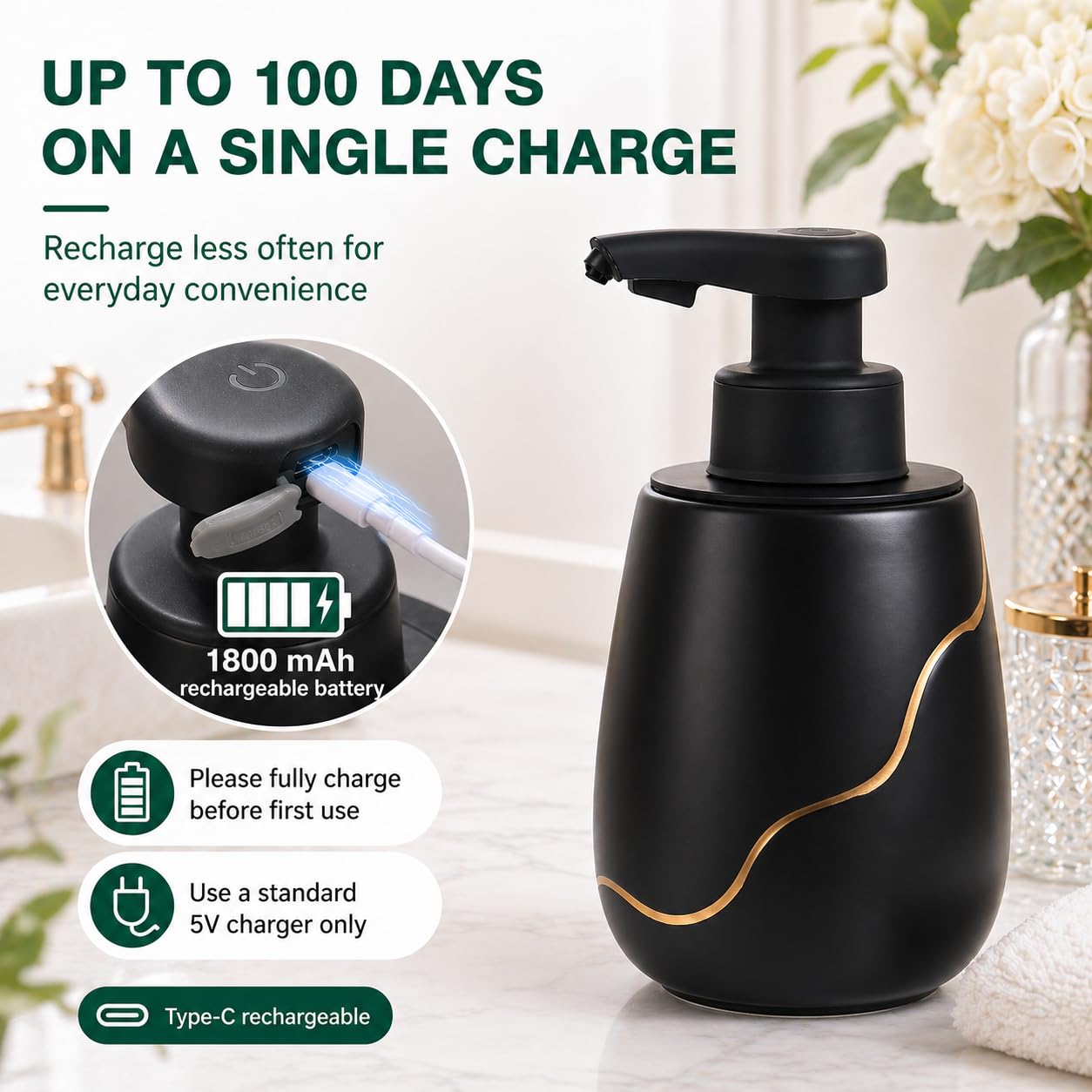 BosilunLife Dispensador automático de jabón para baño, dispensador de jabón líquido manos libres, dispensador de jabón eléctrico inteligente, sin contacto, con bomba impermeable, dispensador de jabón