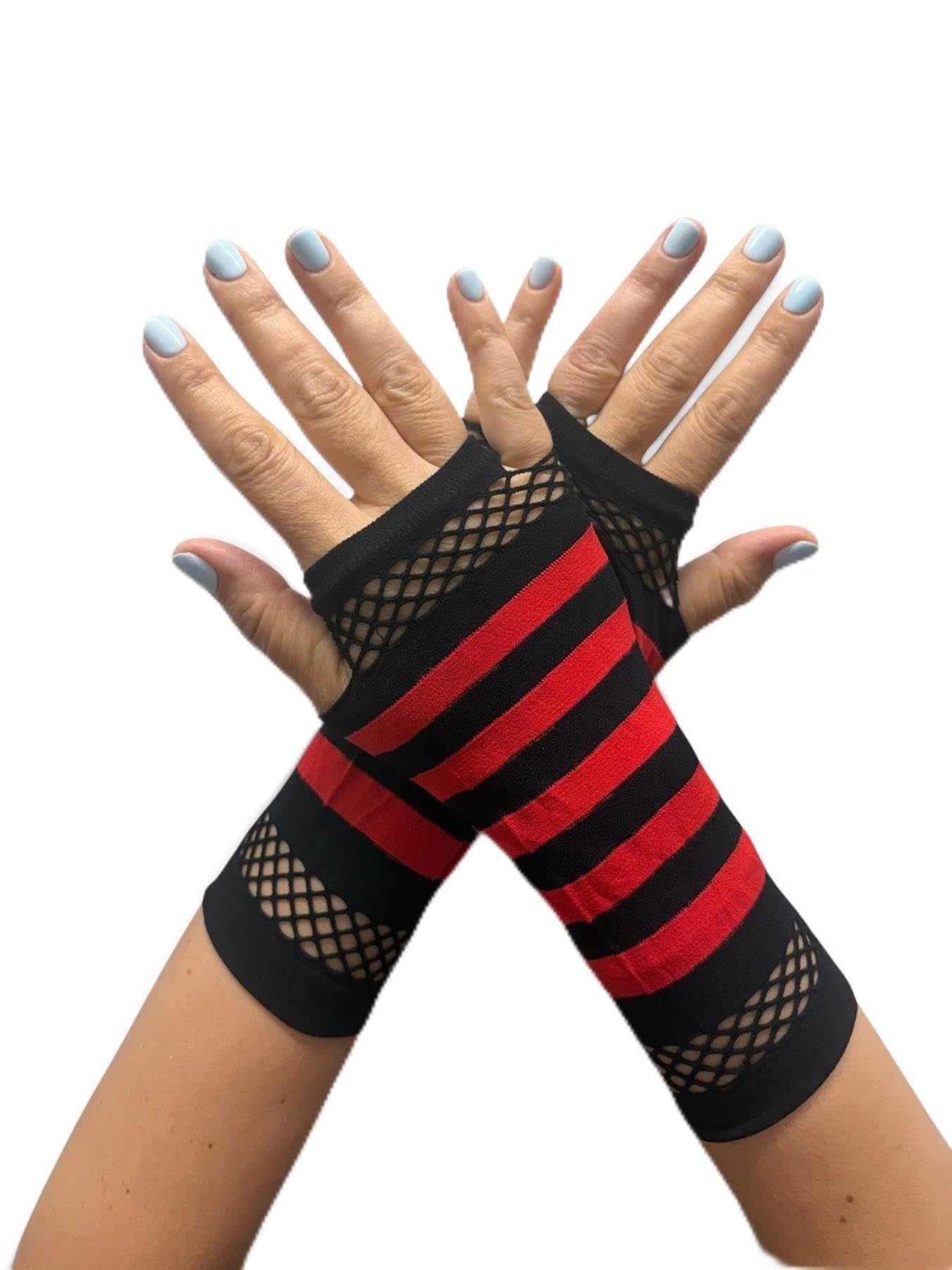 Poizen Industries Women's Black-Red Striped Mesh Gloves Gothic Punk Fingerless Fishnet Arm Warmers,