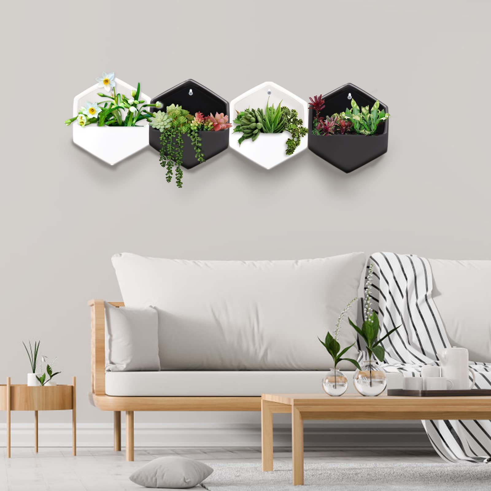 SunnySide Products Ceramic Hexagon Wall Planter Shelf, Indoor or Outdoor Hanging Plant Pot Vase Midcentury Modern Room Decor Mini Flower Plant Succulents Honeycomb Floating Decoration (White Color)