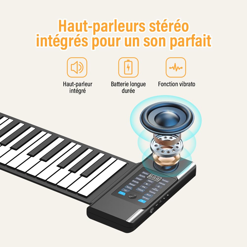 Piano enroulable portable à 88 touches avec Bluetooth MIDI avec 128 tons et rythmes, support de clavier de piano enroulable alimentation externe pour débutant, enfant, adulte, cadeau de Noël ou