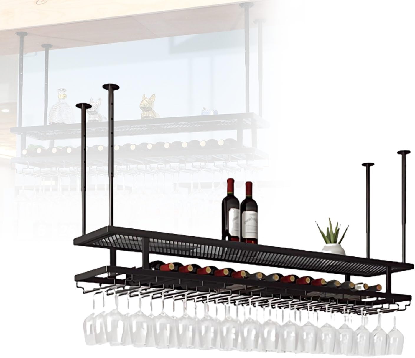 Hanging Wine Shelf with Glass Holder & Two-Tier Wine Rack Adjustable, Metal Storage for Wine Bottles and Glasses in Bars, Kitchens, or Wine Cellars(Gold,80cm)