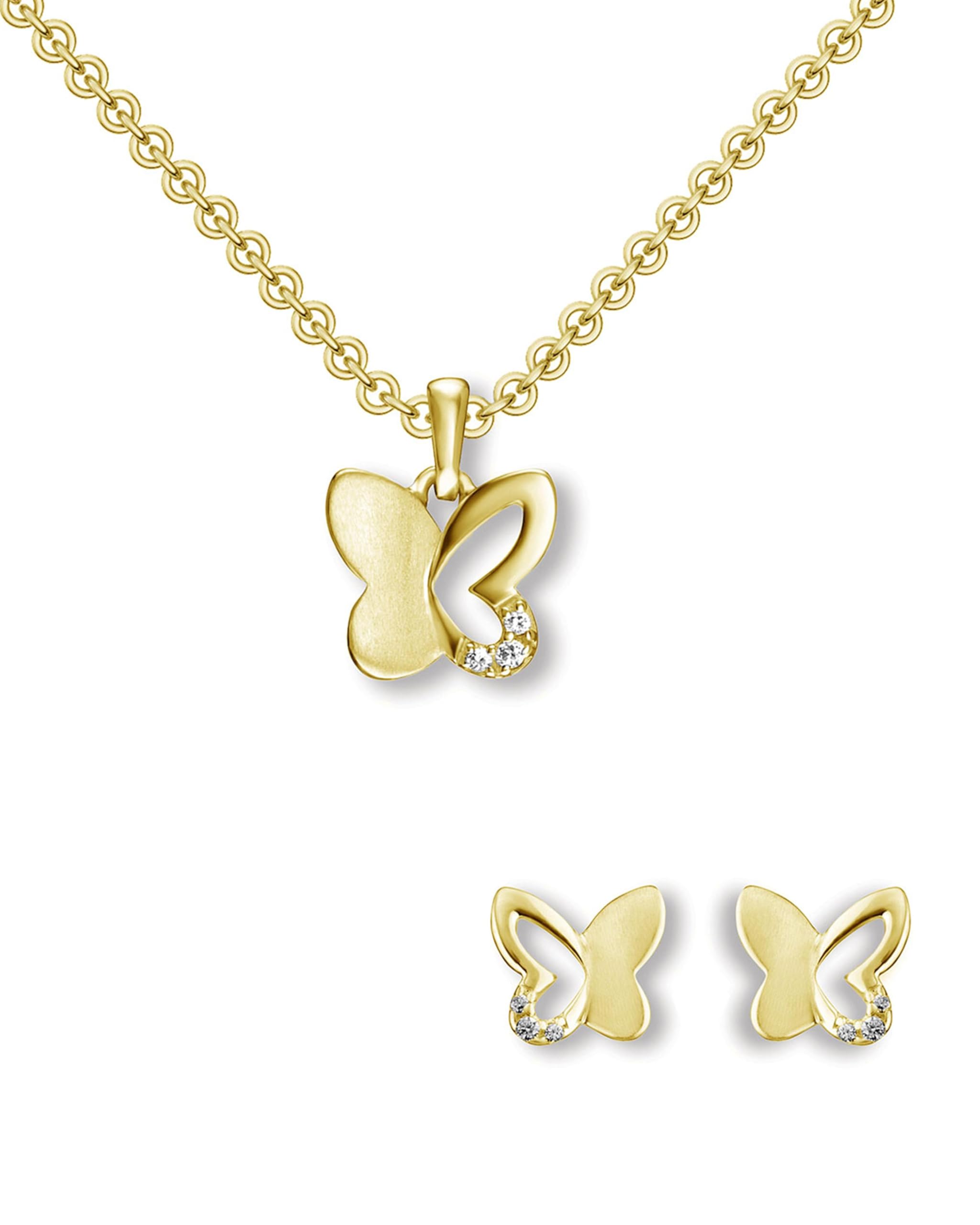 Schmuckset Mädchen Schmetterling Gold (Silber 925 vergoldet) Kette Ohrringe | Kinder Anhänger Halskette Ohrstecker Kinderkette mit Zirkonia Steinchen, Schmetterlings Set Kinderschmuck Geschenk
