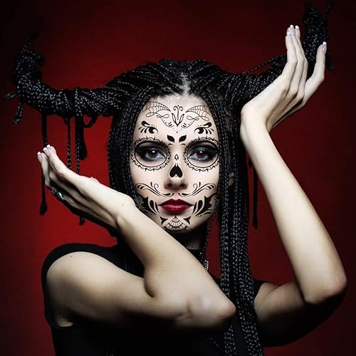 Miniatura 6 de 3 otters Tatuajes de cara temporales de Halloween, 19 piezas de tatuajes de cara de calavera de azúcar para el día de los muertos, tatuajes