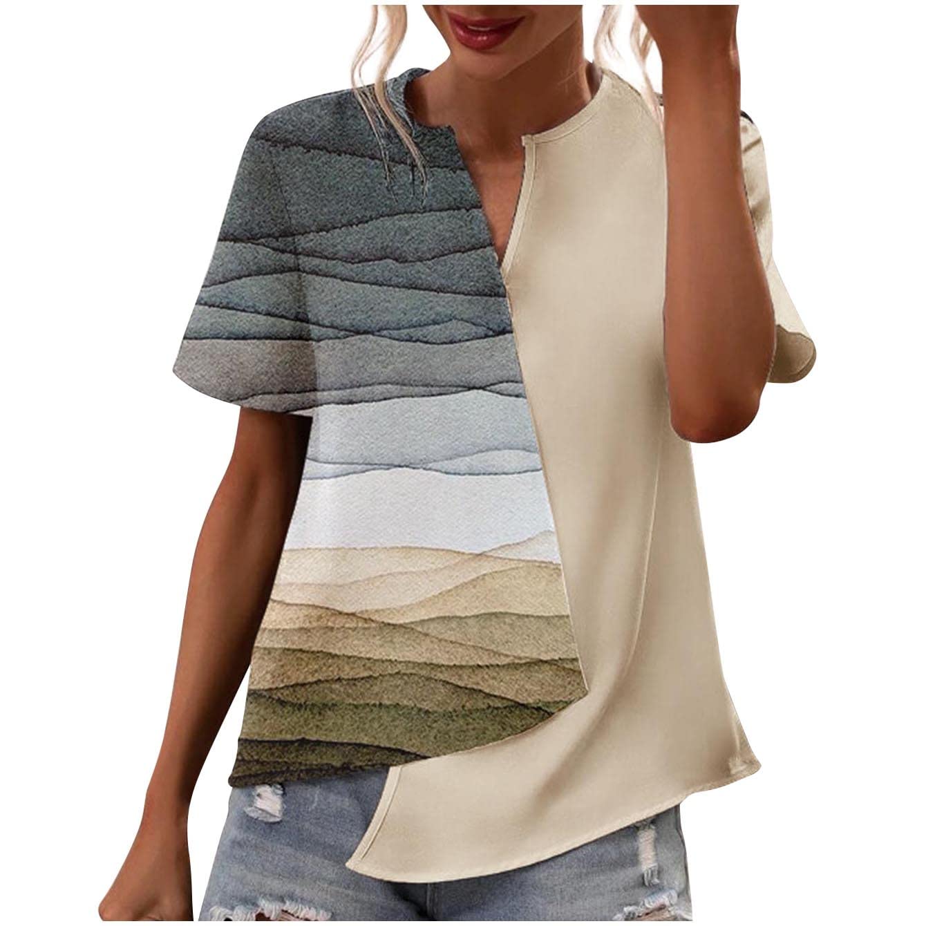 Summer Tops for Womens 2023 Trendy Short Sleeve Split V-Neck Asymmetric Blouses Floral Print Patchwork Casual Shirts