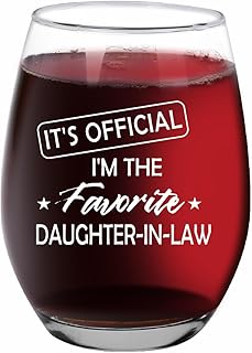 Jogskeor It's Official I'm The Favorite Daughter in Law Wine Glass 15oz, Daughter in Law Gifts, Mothers Day Birthday Christmas Gifts