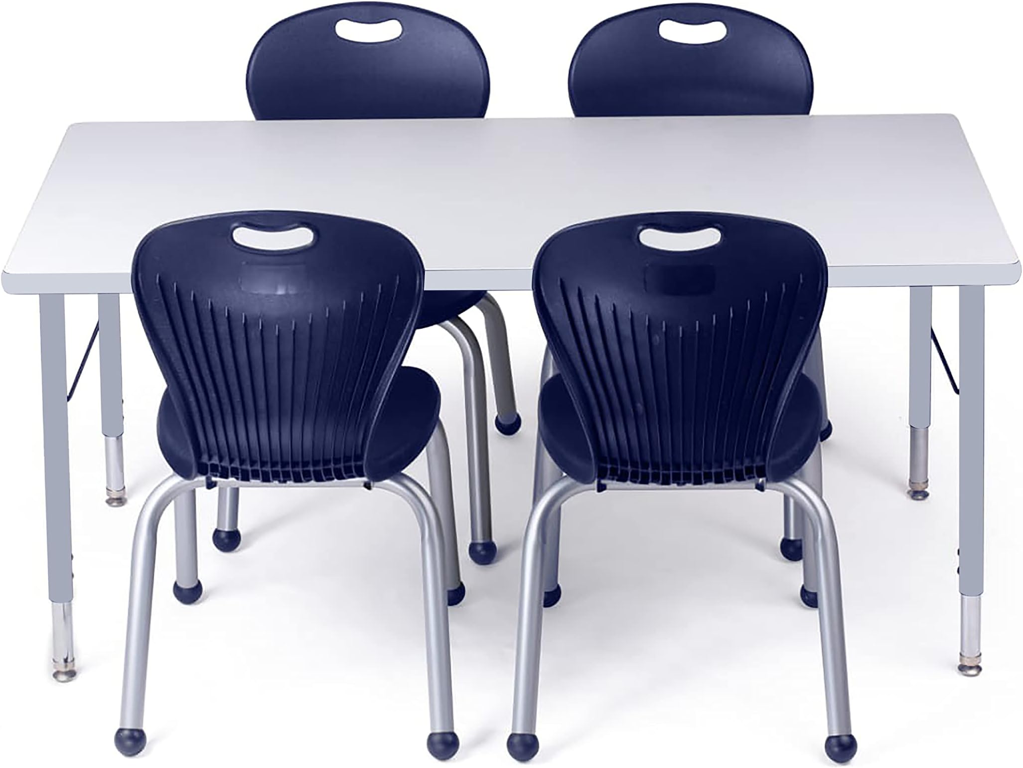 Chair and Table Set for Schools - Table About 24 x 48 inch (60 x 120cm) - Height Adjustable Legs -Spray Edges - and 4 Premium Classroom Chairs - for Commercial Spaces