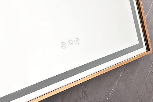 Miniatura 9 de 39 pulgadas de ancho x 26 pulgadas de alto, espejo LED rectangular de gran tamaño con marco de oro rosa, antiniebla, regulable, para montaje en