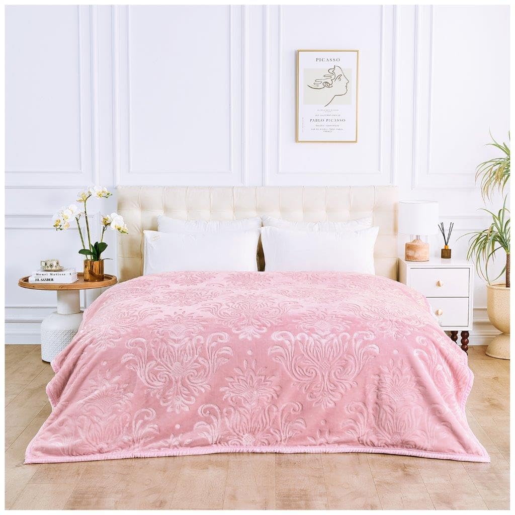 Lions Weighted Blanket King Size - 4KG Fleece Warm Blanket, Ultra Soft Thick Bed Heavy Throws for adults, Stress-Anxiety Relief, Embossed Damask Pattern - (200x240 cm) - Blush Pink