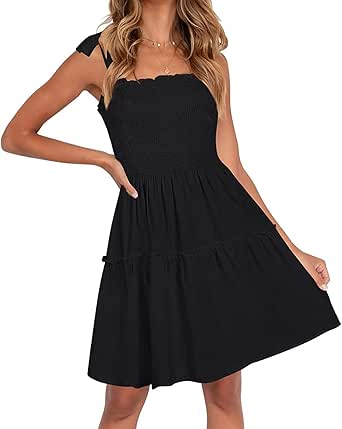 ZESICA Women's Summer Spaghetti Strap Sleeveless Square Neck Ruffle A Line Swing Mini Dress