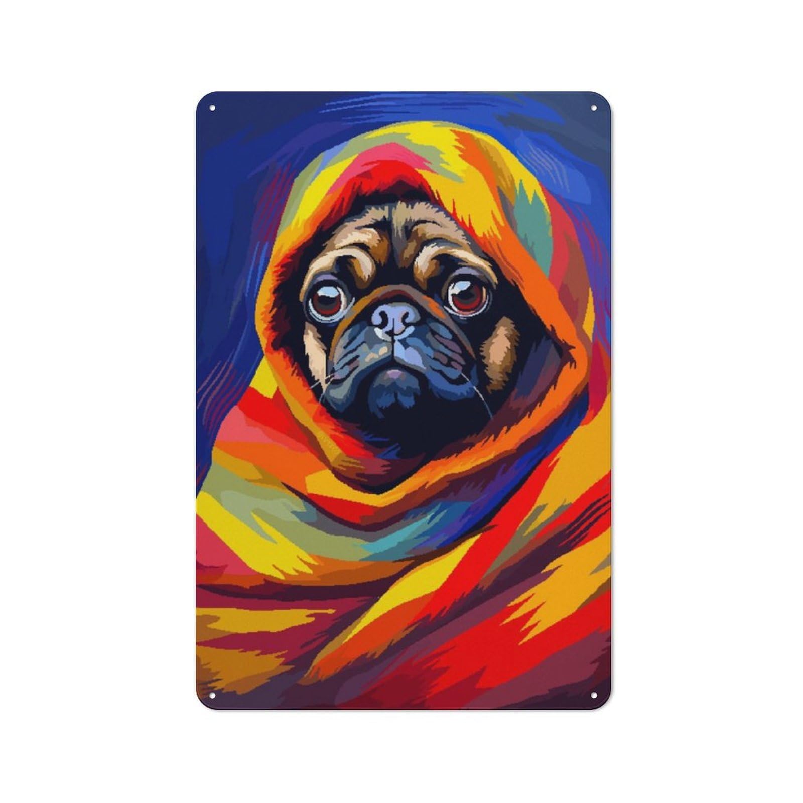 Junmoney Pug Blanket Cute Pixel Art Retro Metal Wall Sign 30X20cm With For Café Or Home Bar, For Café-Style Decor Fans