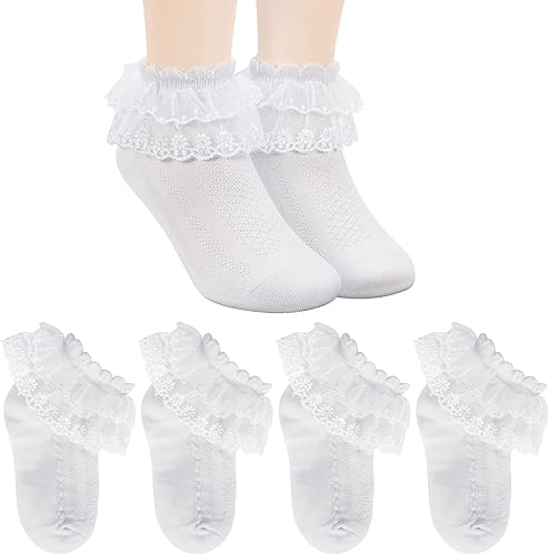 Miniatura 9 de Looching 45 pares de calcetines de encaje con volantes para bebé y niña, con ojales, color blanco, de princesa, de algodón, lindos calcetines