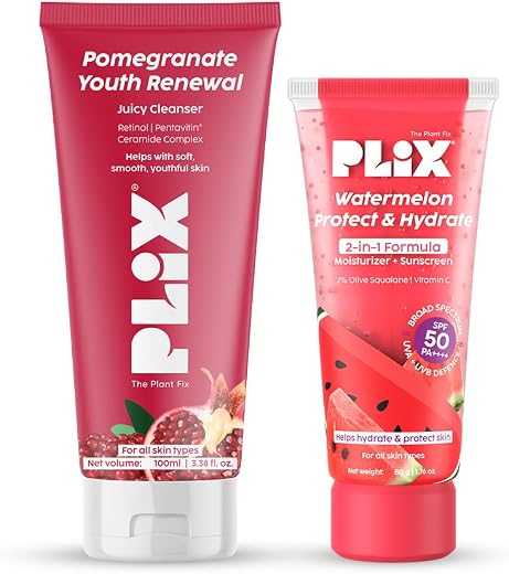 PLIX- THE PLANT FIX Pomegranate Youth Renewal Juicy Face Wash Cleanser &amp; Watermelon Dual Sunscreen Moisturizer | Retinol G...