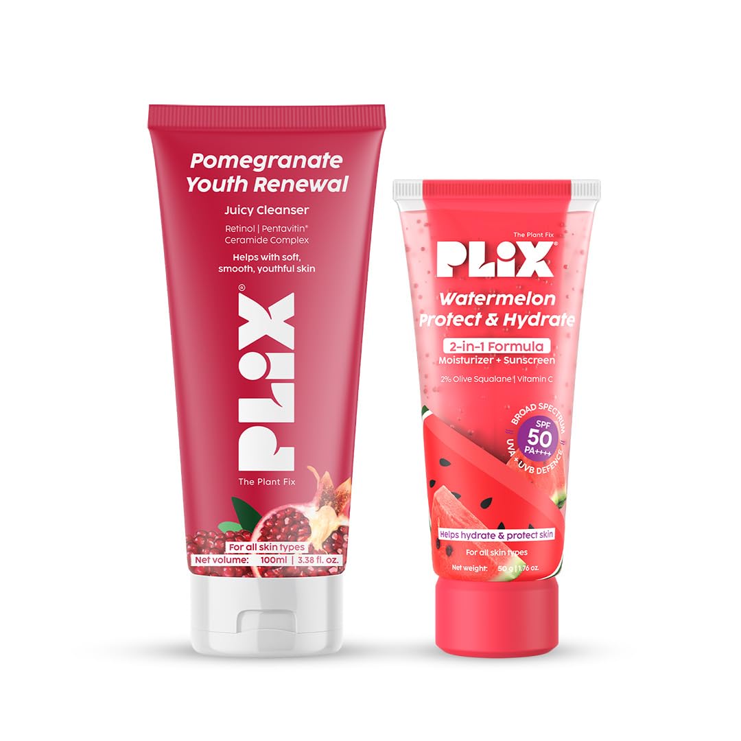 PLIX- THE PLANT FIX Pomegranate Youth Renewal Juicy Face Wash Cleanser & Watermelon Dual Sunscreen Moisturizer | Retinol G...