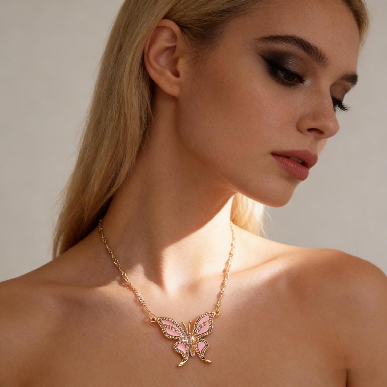 Andelaisi Large Crystal Butterfly Necklace Vintage Butterfly Pendant Necklace Enamel Butterfly Necklaces Chain Rhinestone Butterfly Chain Necklaces for Women - Image 6