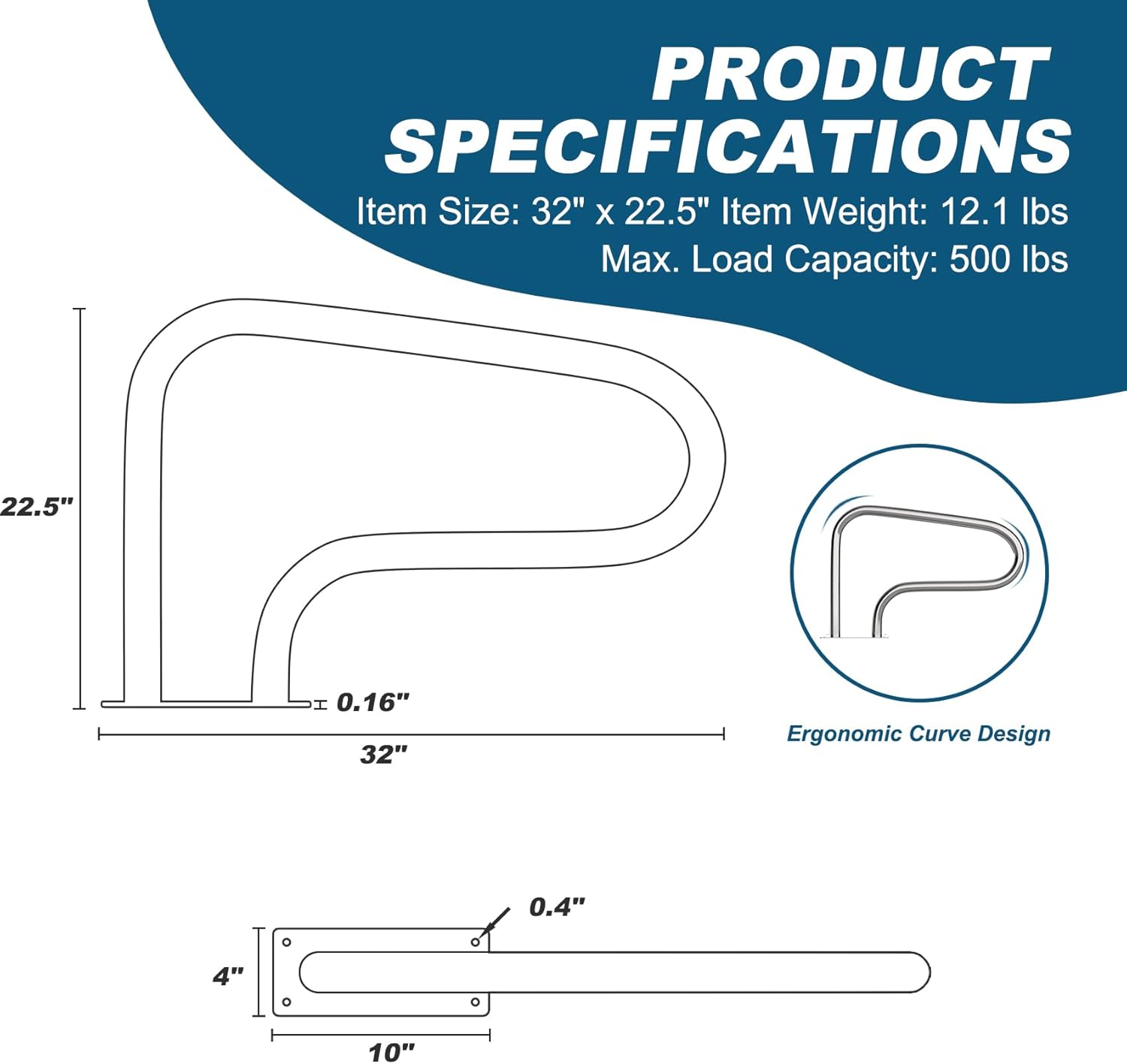 Pool Handrail, 32" x 22.5" Pool Railings for Inground Pools, 304 Stainless Steel Pool Handrails with Blue Nylon Grip Cover & Inflatable Float Hammock, Quick Mount Accessory Included