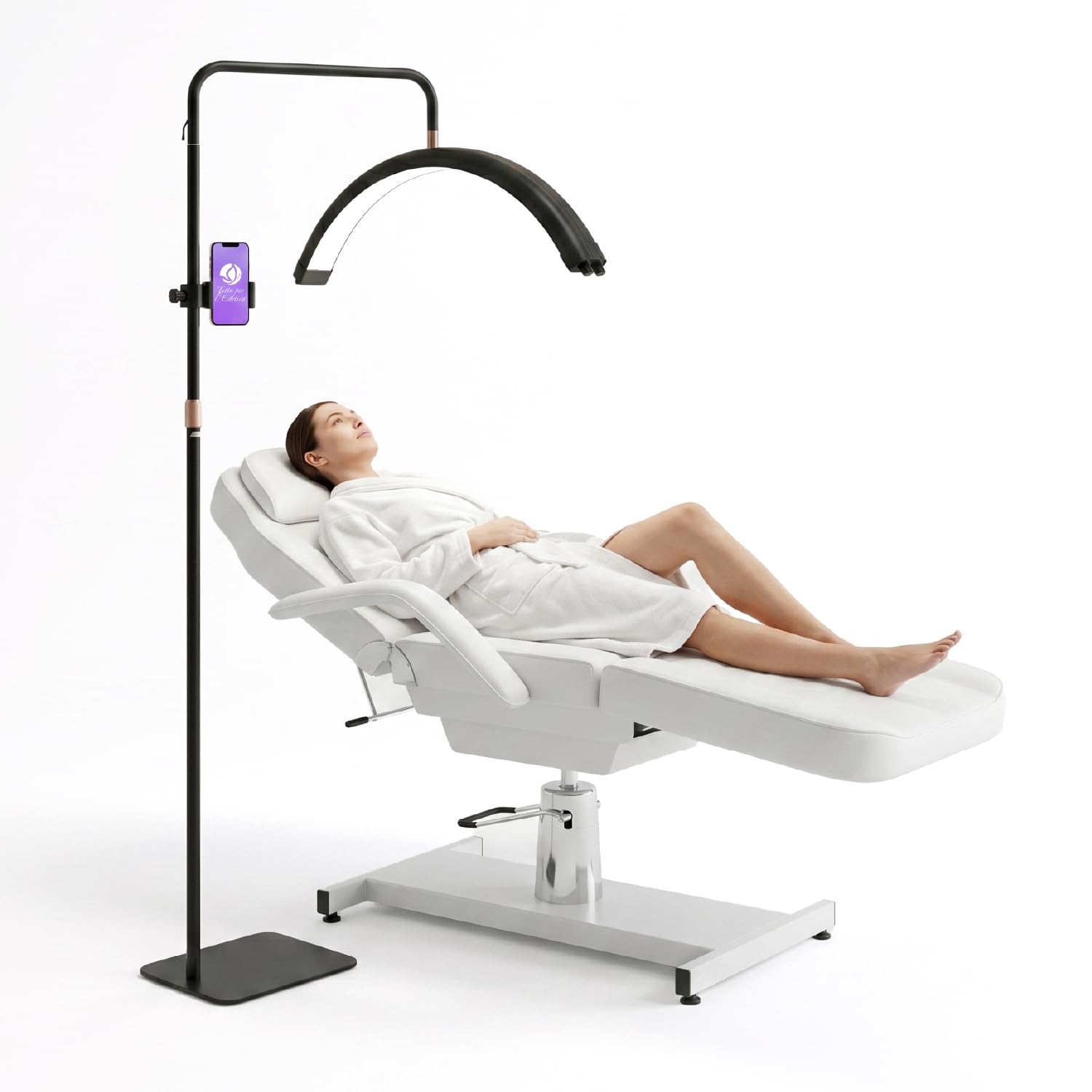 Lampada ad Arco LED Professionale con Luce 45W - Lampada Estetista e Lashmaker, Lampada Mezzaluna per Lettino ed Extension Ciglia con Stativo Regolabile, Supporto Smartphone per Contenuti Video e Foto
