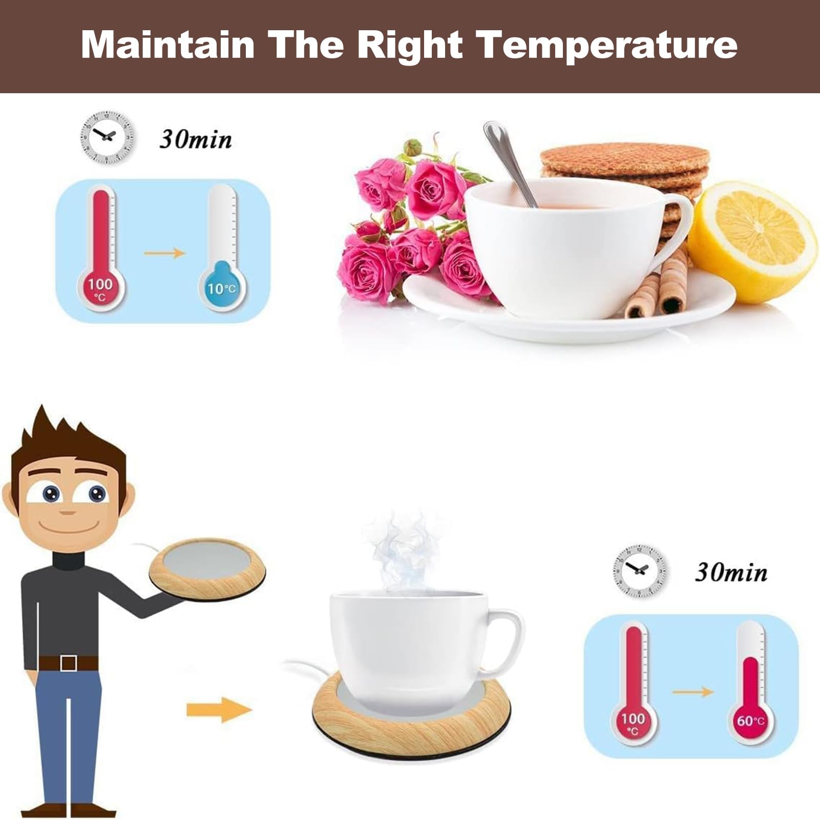 Chauffe-Tasse USB En Bois De Noyer – Maintient Votre Café/Thé à 80°C Idéal Bureau Maison – Élégant Et Pratique