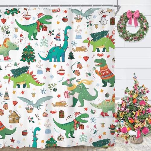 Image of Dinosaur Christmas Green Dino Cartoon Animals Bathroom Shower Curtain Set