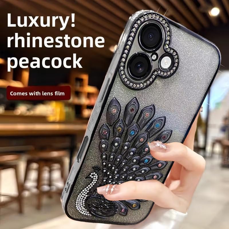 Image of mobistyle Designed for iPhone 16,3D Diamond Luxury Electroplate Glitter Peacock Tail Bling Design Camera Protection Shockproof Phone Case for (Black, iPhone 16)