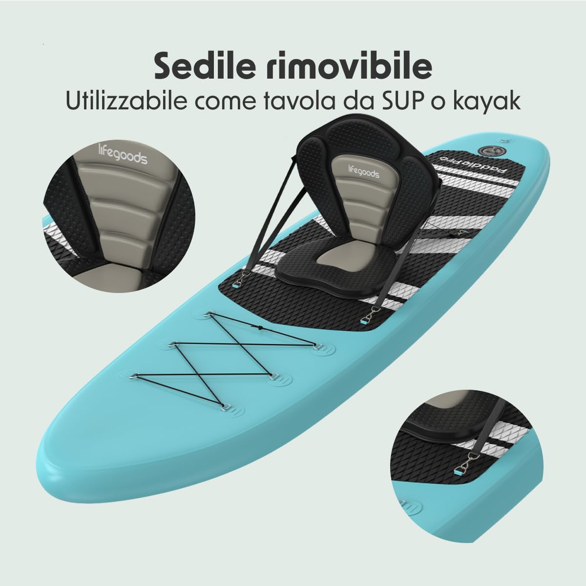 LifeGoods SUP Gonfiabile Adulti con Sedile - Stand Up Paddle - SUP Mare - Tavola Paddle Board Completa - Pagaia Regolabile - Pompa Inclusa - Max. 150KG - 320x81x15cm