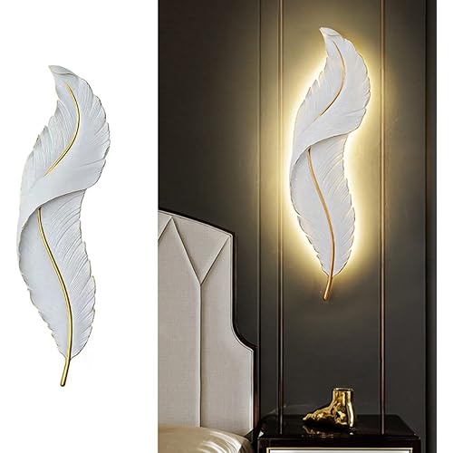 Qufute Modern Wall Mount Light LED Dimmable Wall Sconce Lighting White Elegant Feather Design 3000k-6000k LED Wall Lamp for Bedroom Living Room Hallway (1-Pack)