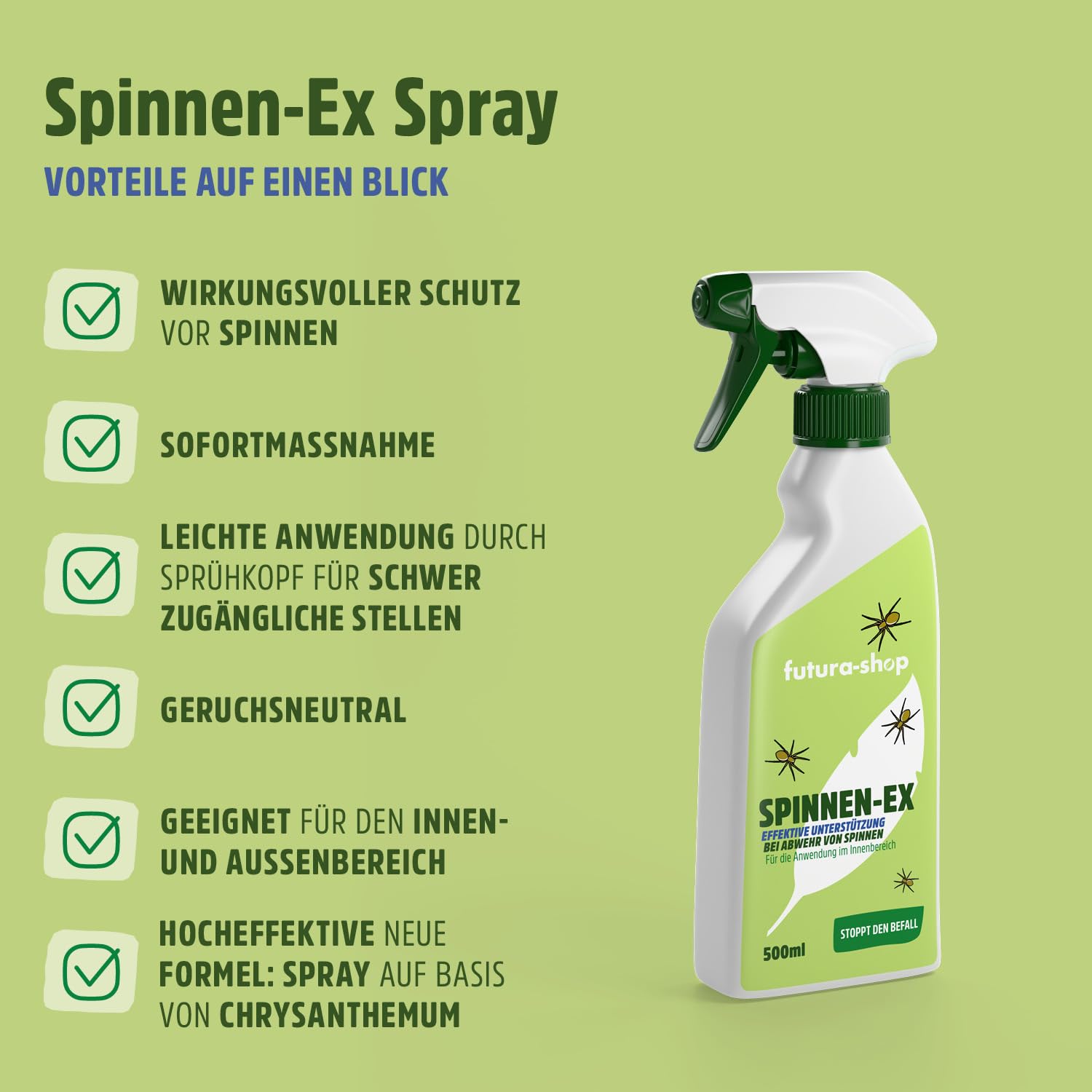 Spinnen Spray 500 ml - Effektive Spinnenabwehr - Abwehrspray mit Langzeitwirkung als Alternative zur Spinnenfalle - Anti-Spinnenspray für Innen & Außenbereich