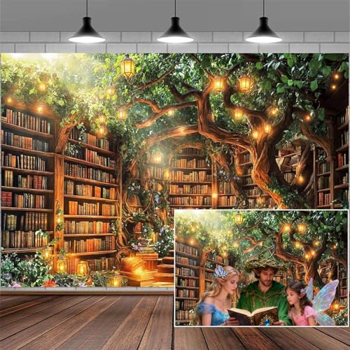 7X5FT Enchanted Forest Library Backdrop Fairy Tale Wonderland Garden Bookshelf Photography Backdrop Baby Shower Background Fantasy Tree Banner Kids Girl Birthday Party Decorations Photo Studio Shoot