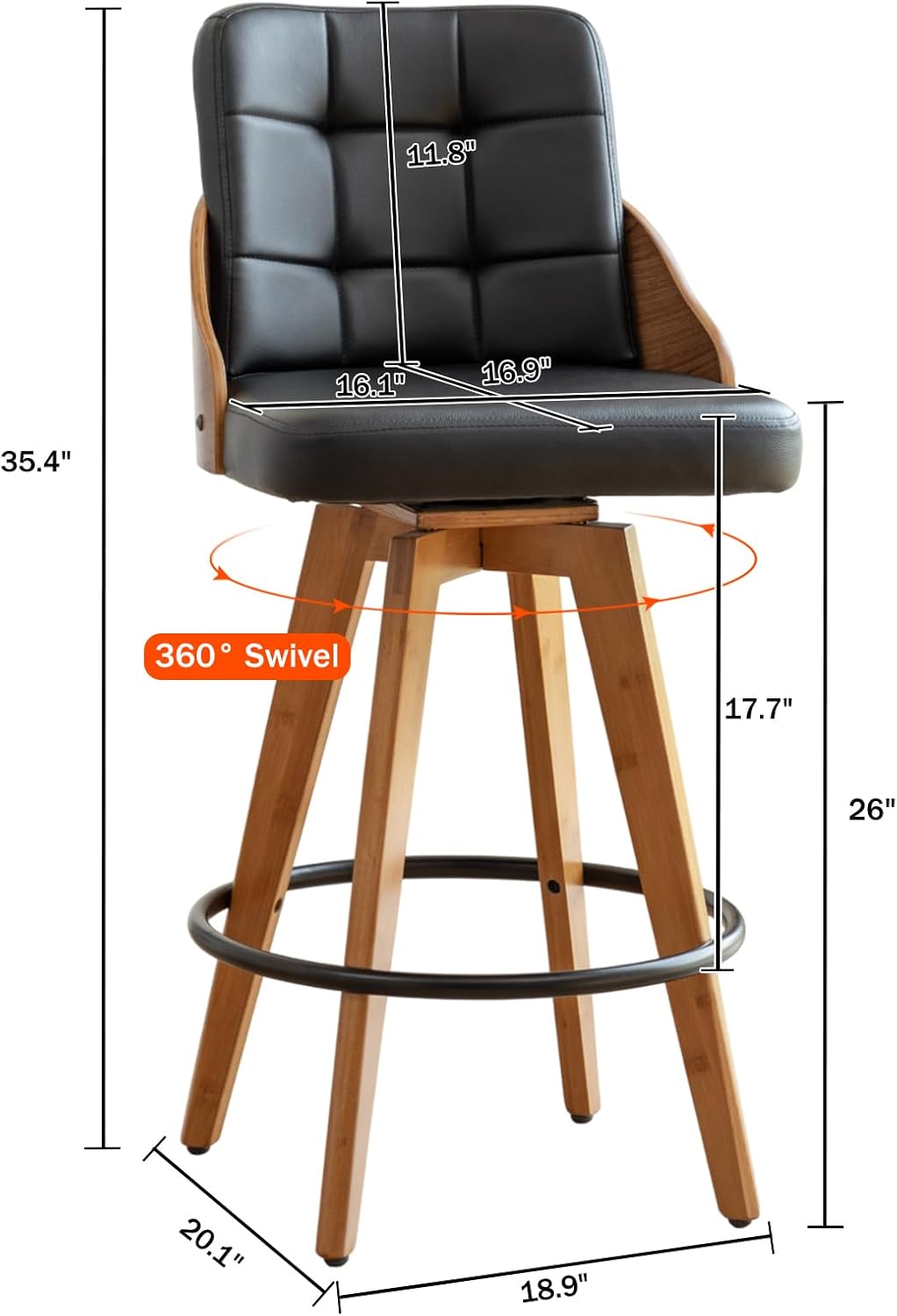 AQG Black Leather Bar Stools Counter Height Set of 2, 26 inch Swivel Barstools Mid Century Modern with Wood Legs, Bentwood Back, Upholstered Faux Leather, High Chairs for Island, Kitchen