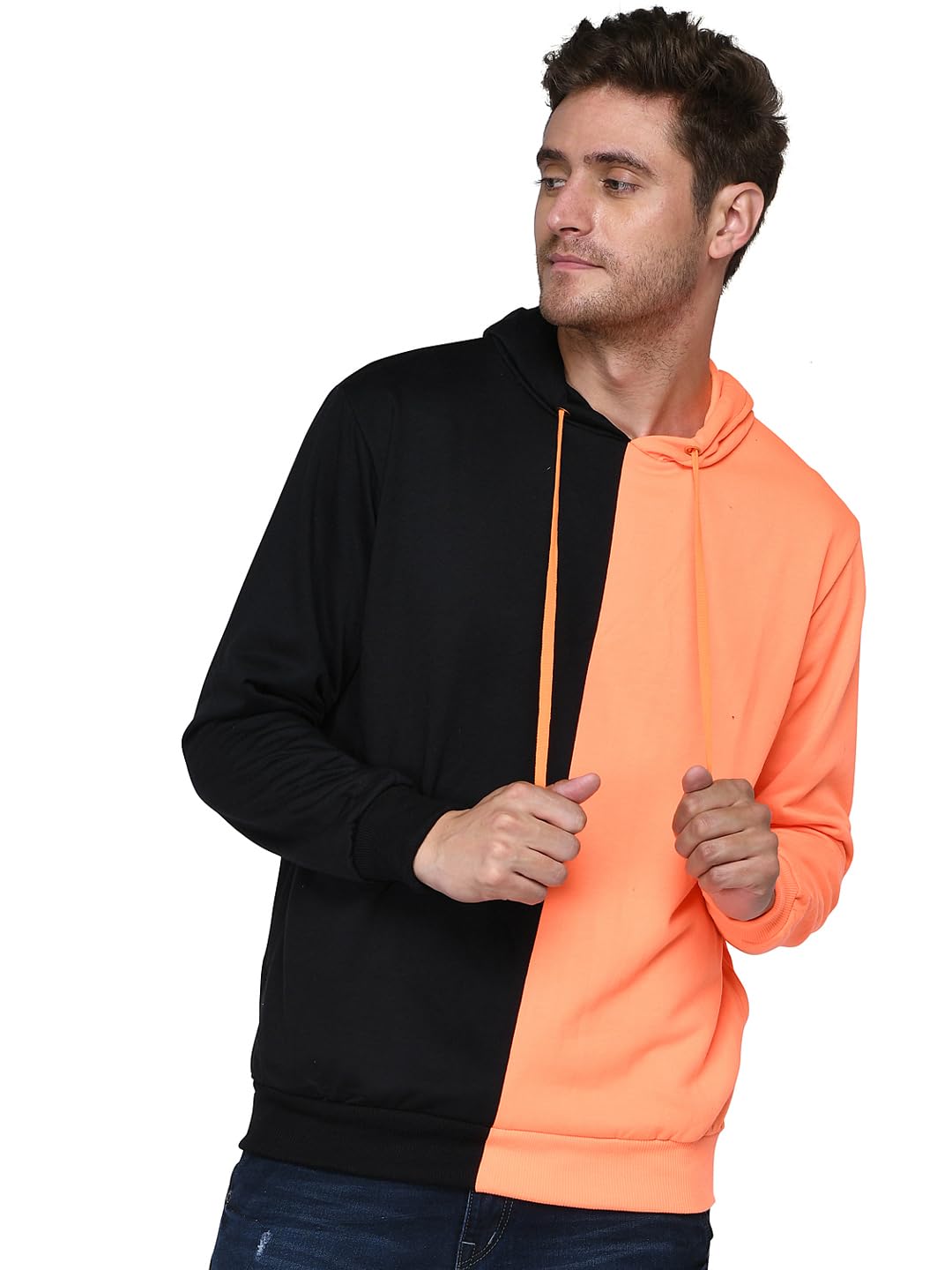 Two-Tone Pullover Hoodie, Black and Neon Orange, Colour Block Design 300GSM-image-44