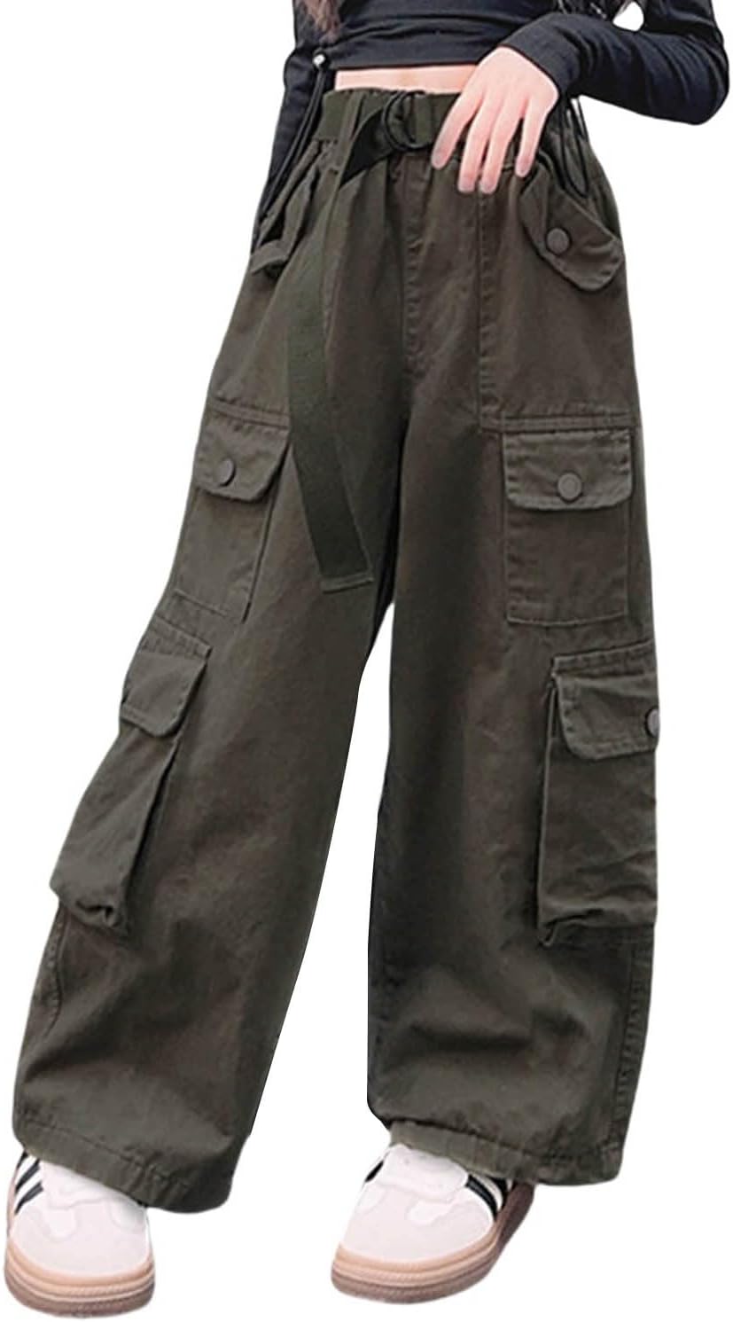 Girls Cotton Cargo Adjustable Pants Kids Wide Leg Elastic High Waist Trousers Teen Summer Casual Baggy Fashion Clothes(Green, 5-6 Years)