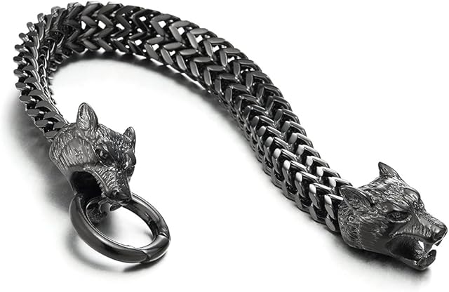 Mens Steel Gold Colro Wolf Head Franco Link Curb Chain Bracelet with Spring Ring Clasp 8.7 Inch