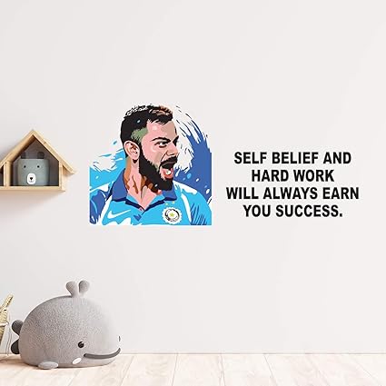 Masstone Virat Kohli Cricketer with Motivational Slogan PVC Vinyl Sticker for Wall (Size: 90 X 41 CM), Multicolour - Pack of 2