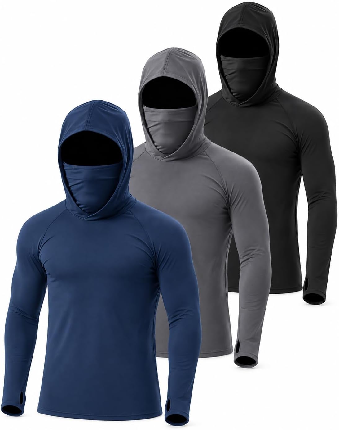 XWC 3 Pack Men's UPF 50+ Slim Fit Sun Hoodies with Face Mask for Work