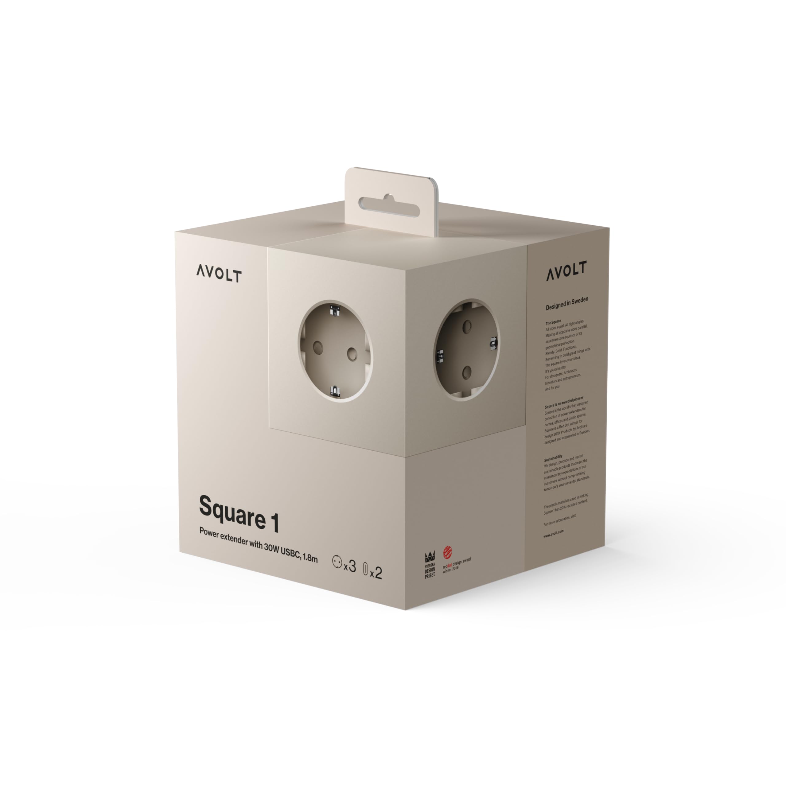 Avolt Square 1 Ciabatta Elettrica Cubo Multipresa, 3 Prese, 2 USB-C 30W | Ciabatta multipresa di design con prese Schuko