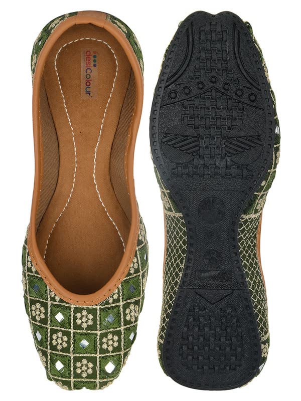 DESI COLOUR Mojari Punjabi Jutti for Women Ethnic Footwear- Mirror Emb (Green, Numeric_6) 2