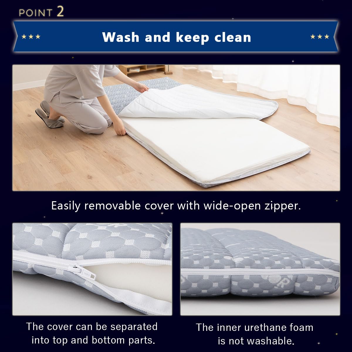 EMOOR Matelas de Futon Hybride Pliable 90 x 195 cm avec Housse Rembourrée Lavable Gris, Taille Single Japonaise Mousse Uréthane Haute Résilience 150N Surmatelas de Sol Tatami