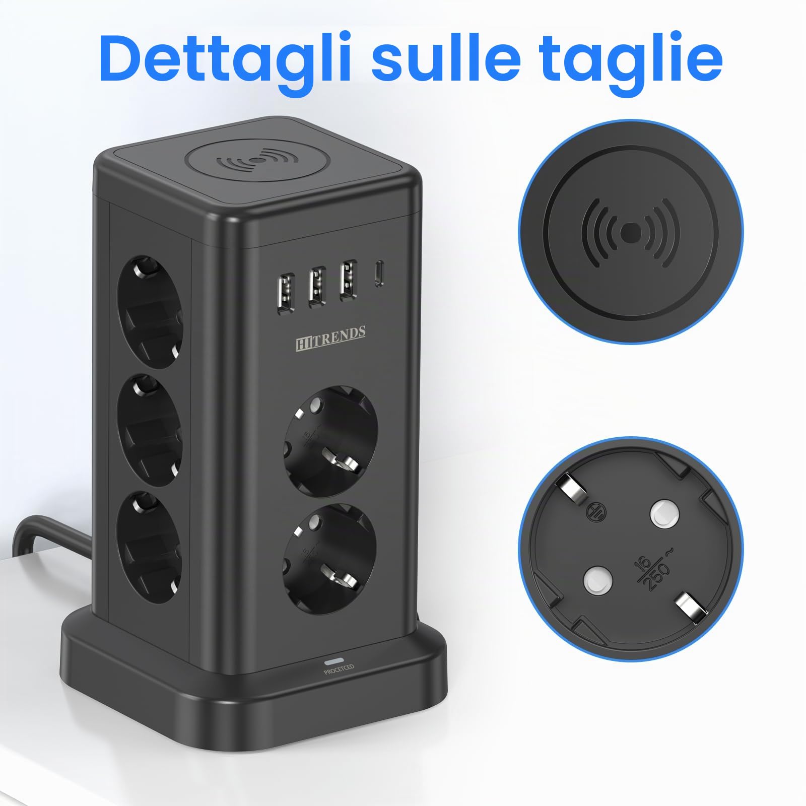 Ciabatta elettrica con USB, 11 prese, con caricatore wireless, torre con stazione di ricarica induttiva, cavo da 2 m, protezione da sovratensione