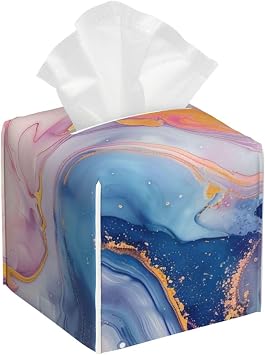 Tissue Box Cover,PU Leather Tissue Box Holder,Colorful Marble Pastel Pink Blue Purple,Rectangular Tissue Box Covers for Kleenex,Napkin,Tissue Holder for Bathroom Home Office 5.2"X5.2"X5.2"