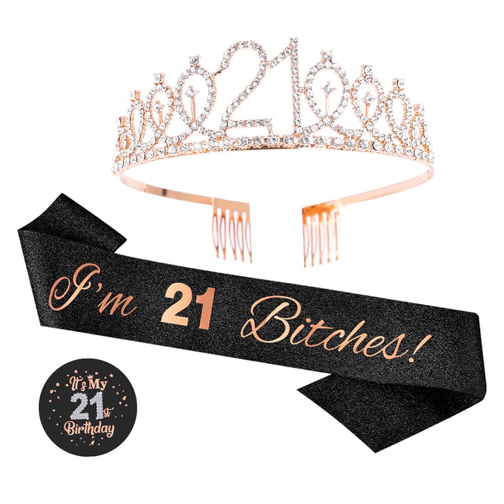Set De Tiara Y Banda Para 21 Cumpleaños – “I’m 21 Bitches” En Dorado Rosa, Corona De Cristal Plateado, Regalo Ideal Para Chicas (Talla Única)