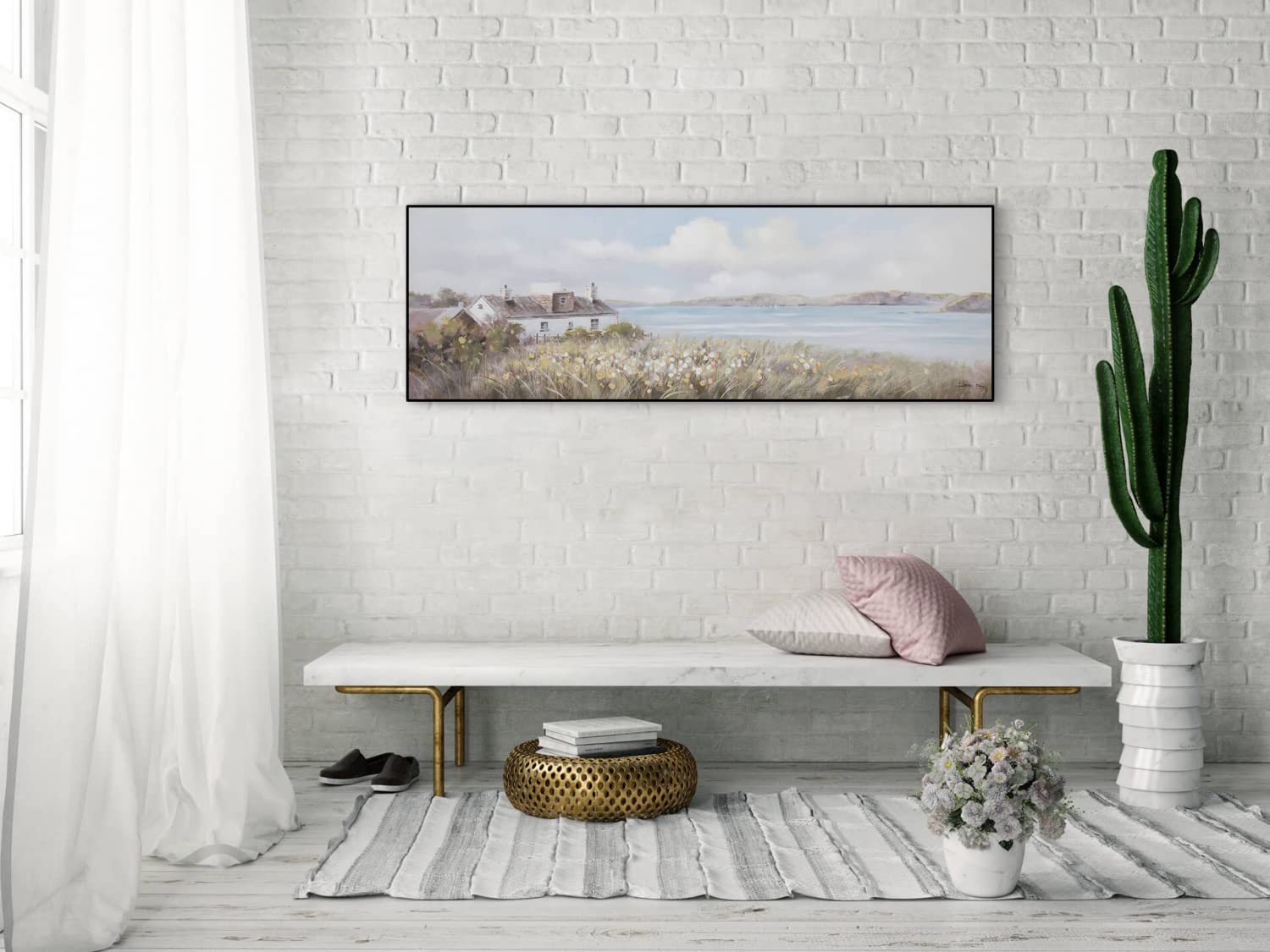 KunstLoft Leinwandbild | 100% HANDGEMALT | 150x50cm | Gemälde 'Ruf der Ferne' | Abstrakt | Blau Grün | Wandbild Wohnzimmer