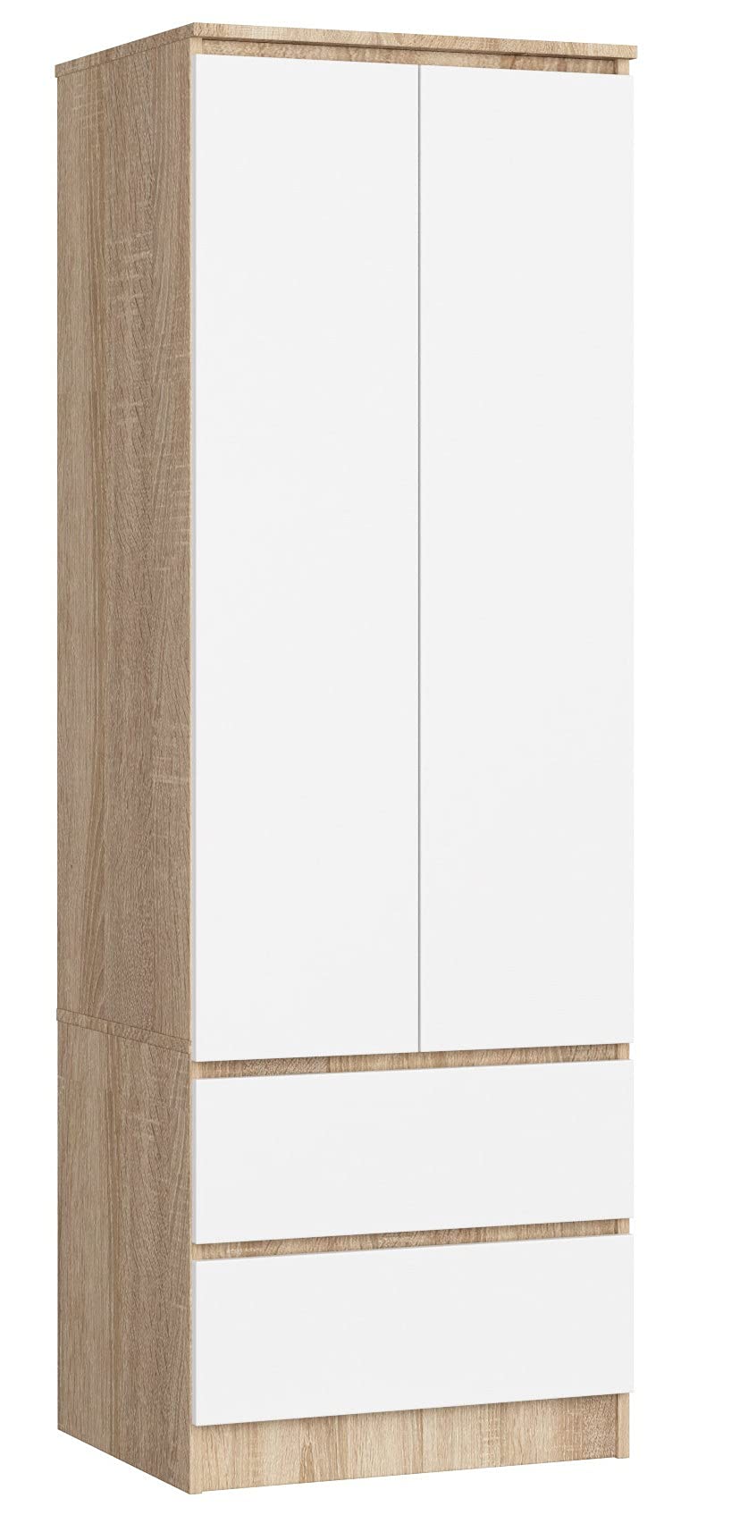 AKORD Szafa Star S Dwudrzwiowa S 60 cm 2 Szuflady z Półkami i Drążkiem na Ubrania do Sypialni Garderoby Styl Minimalistyczny Płyta Laminowana 16mm Kolor Sonoma/Biała