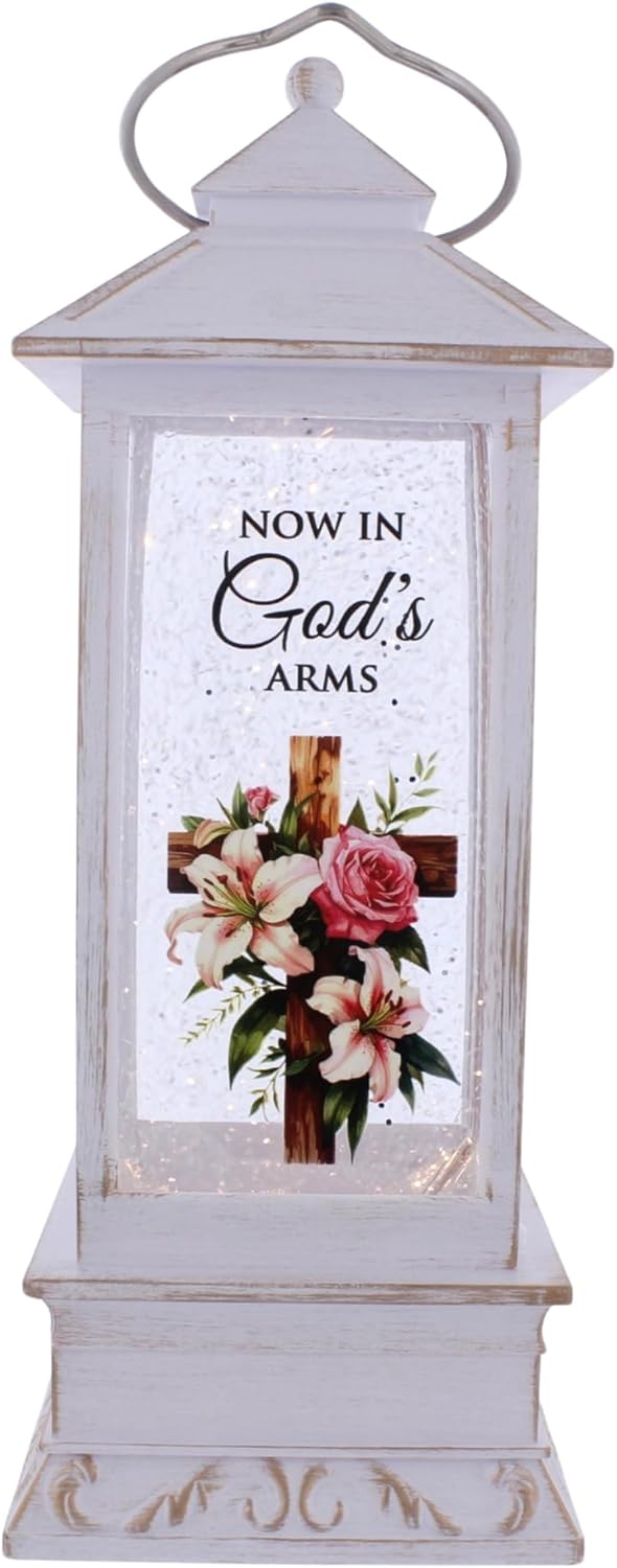 The Bridge Collection “Now in God’s Arms” Water Glitter Memorial Lantern – Christian Remembrance Snow Globe Lantern with LED Light – Sympathy Gift for Loss of Loved One