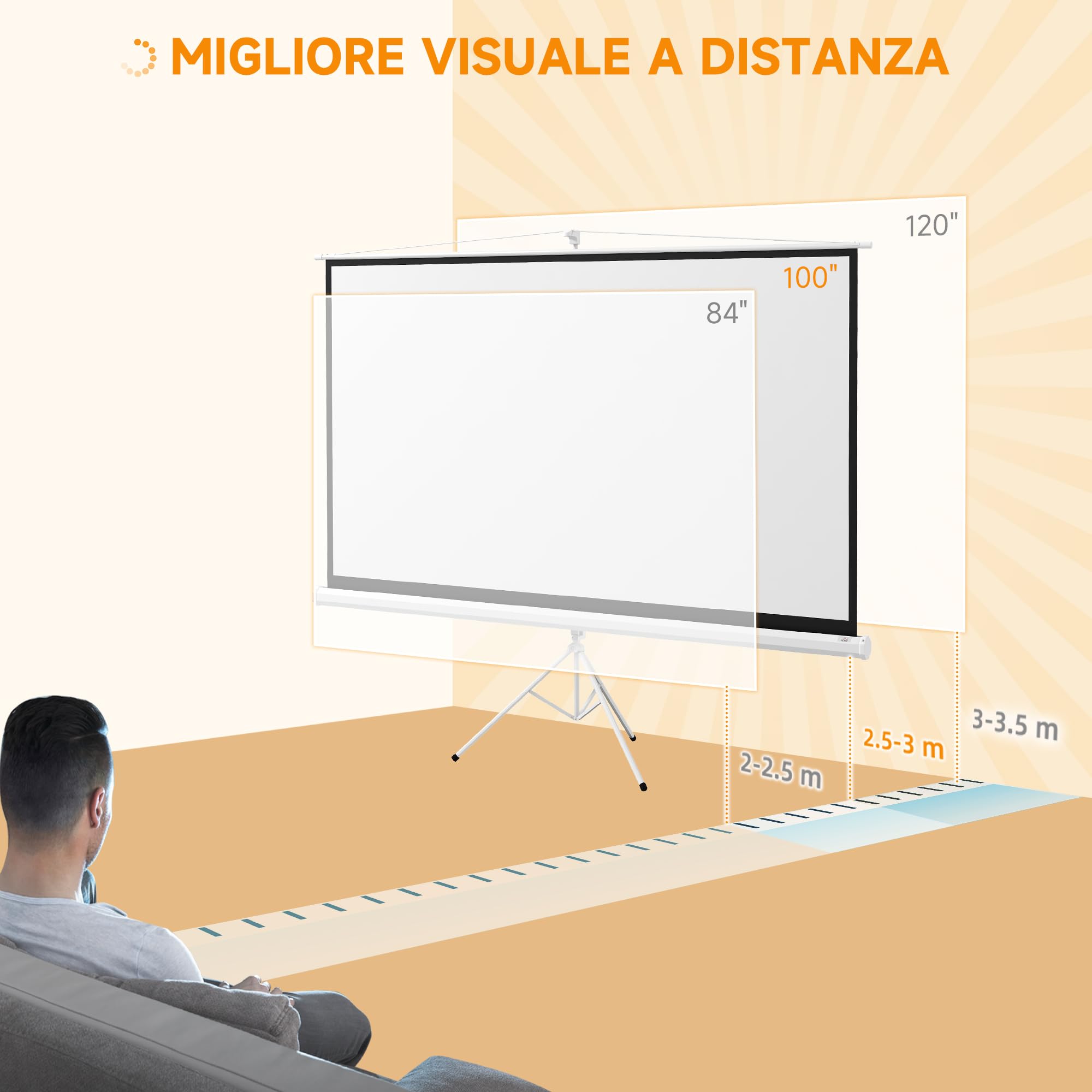 HOMCOM Telo Proiettore da 100 Pollici 4K HD Formato 16:9 con Treppiede Pieghevole e Altezza Regolabile, Schermo Proiettore Portatile, Grandangolo di 160 Gradi, per Casa, Home, Cinema, Esterno, Bianco