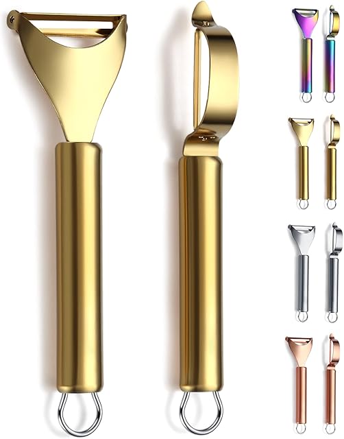 Gold Potato Vegetable Peeler, Kyraton Stainless Steel Apple Fruit Veggie Peeler with Gold Titanium Plating, Peelers for Kitchen Ergonomic Non Slip Handle Dishwasher Safe, Set of 2